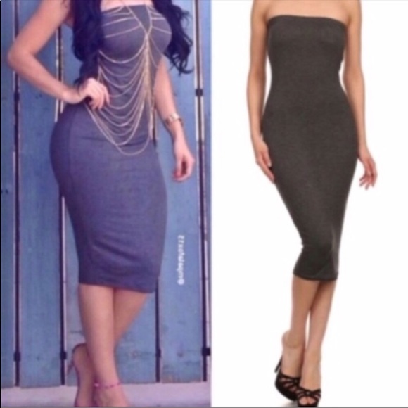 Charcoal Gray Strapless Tube Fitted Dress - Picture 1 of 6